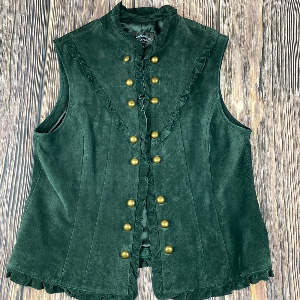Montana Clothing Co. Women’s Green Suede Vest W/ Brass Colored Buttons - Size Lg